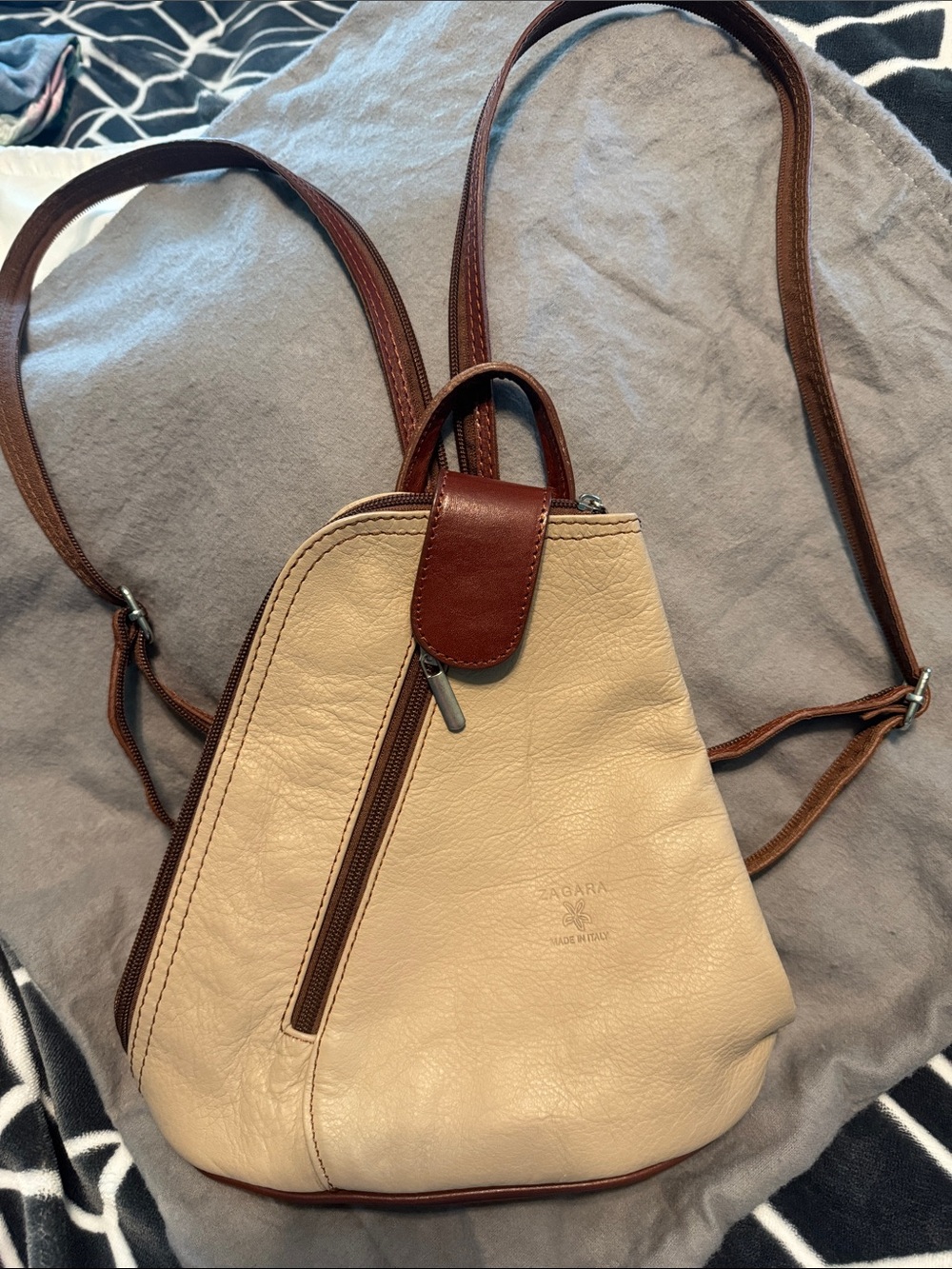 Beige and Brown Leather Mini Backpack Crossbody